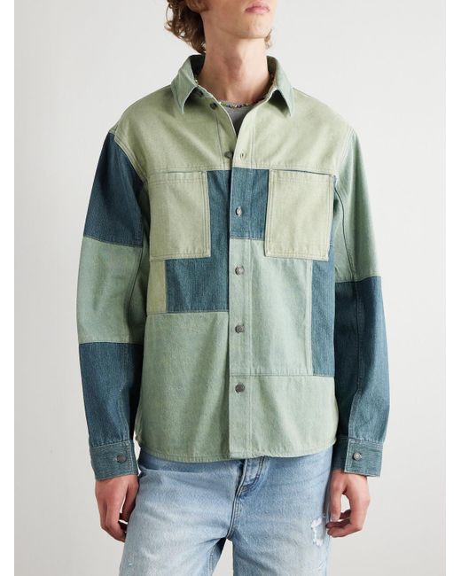 MANAAKI Blue Patchwork Denim Shirt for men
