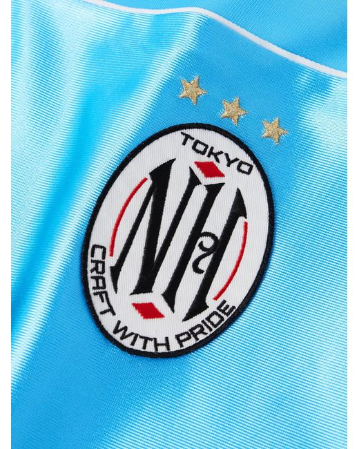 Neighborhood Blue Game Appliquéd Logo-Print Striped Satin Polo Shirt for men