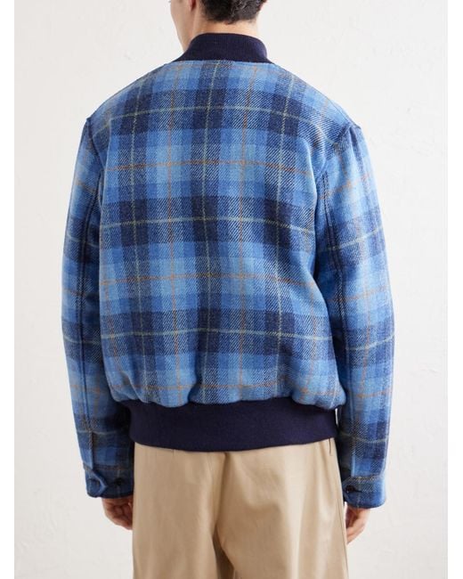 Golden Bear Blue Leather-Trimmed Wool Harris Tweed Bomber Jacket for men
