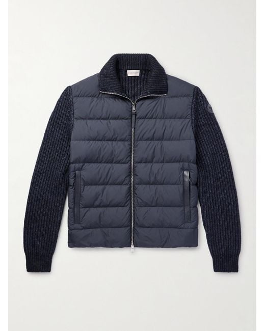 Moncler Blue Leather-trimmed Quilted Shell And Ribbed Cotton And Wool-blend Down Jacket for men