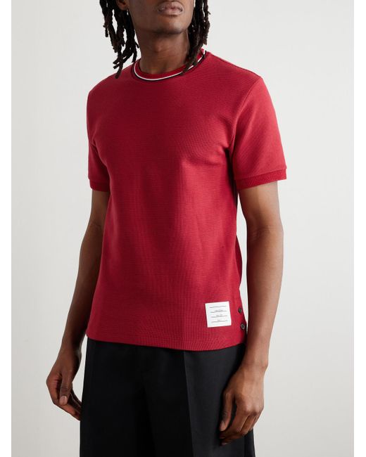 Thom Browne Red Slim-Fit Logo-Appliquéd Striped Waffle-Knit Cotton T-Shirt for men