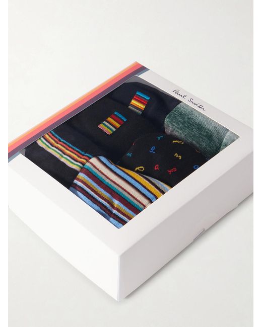 Paul Smith Black Pack Of Six Embroidered Striped Cotton-blend Socks for men