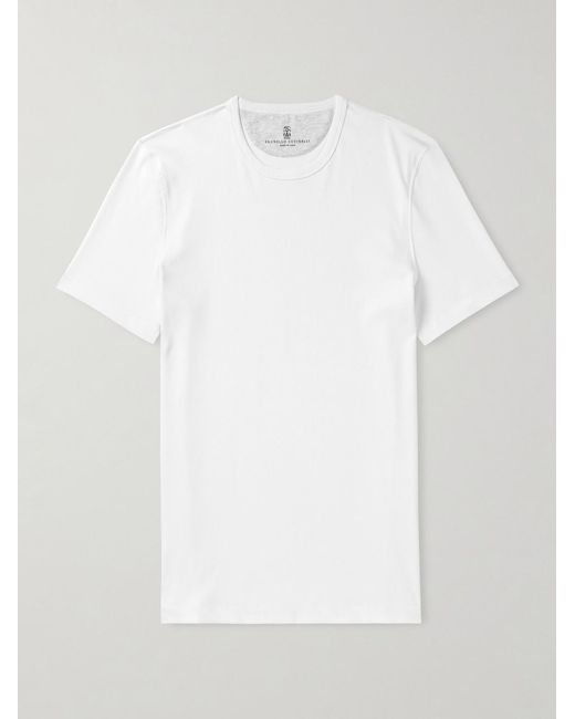 Brunello Cucinelli White Ribbed Jersey T-Shirt for men