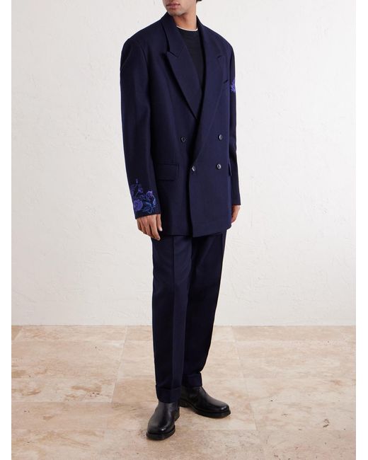 Dries Van Noten Blue Double-Breasted Embroidered Wool-Flannel Blazer for men