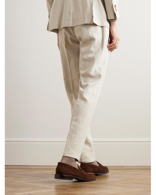Thom Sweeney Natural Tapered Pleated Linen Suit Trousers for men
