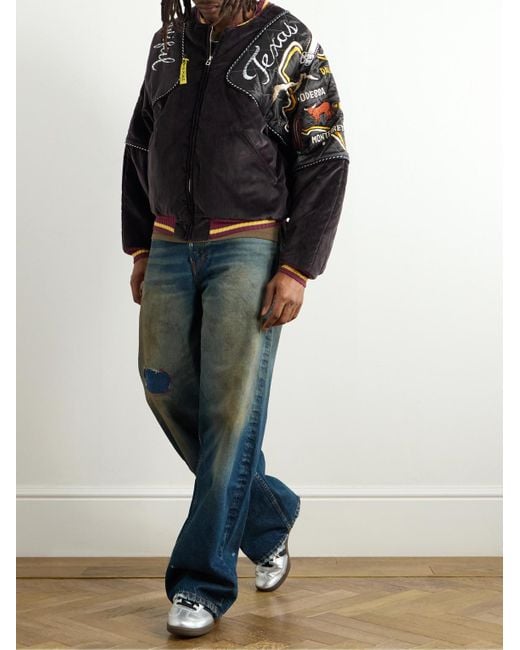 Kapital Blue Embroidered Quilted Shell-Trimmed Cotton-Velvet Bomber Jacket for men