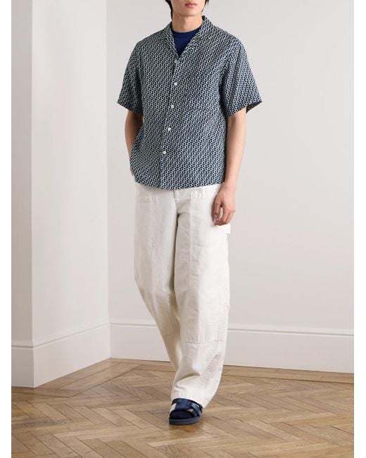 Blue Blue Japan Blue Camp-collar Printed Linen Shirt for men