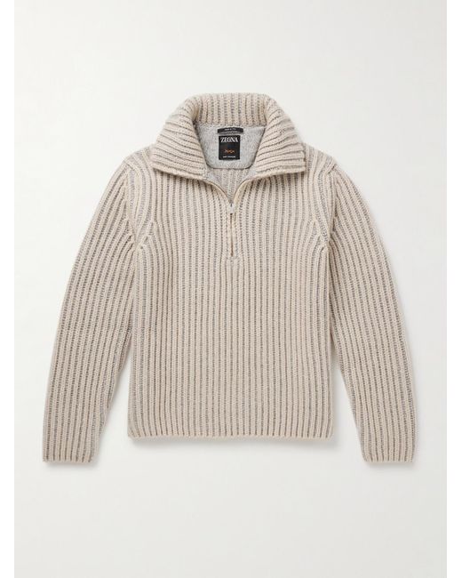 Zegna Pullover aus "Oasi"-Kaschmir in Rippstrick mit kurzem Reißverschluss in White für Herren