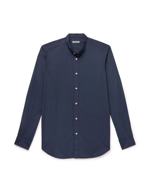 Boglioli Blue Slim-fit Grandad-collar Cotton-poplin Shirt for men