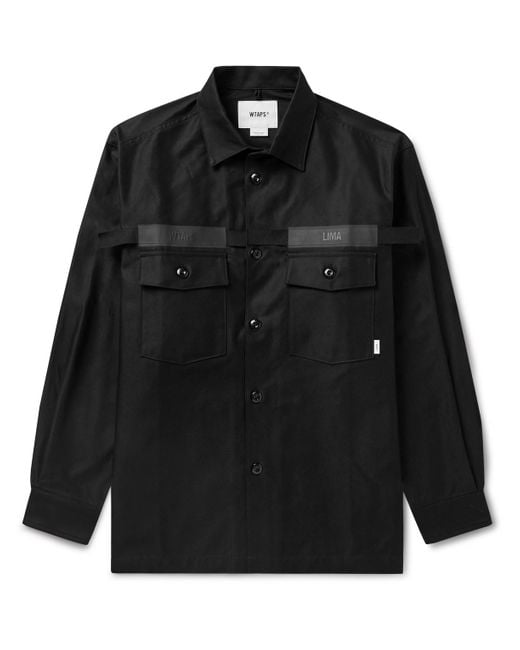 (w)taps Black Webbing-trimmed Logo-embroidered Cotton Overshirt for men
