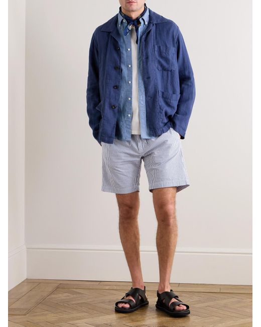 Hartford Blue Tank Straight-leg Striped Cotton-seersucker Drawstring Shorts for men