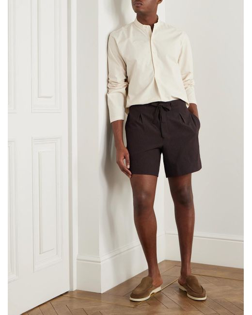 STÒFFA Black Straight-Leg Pleated Wool-Seersucker Shorts for men