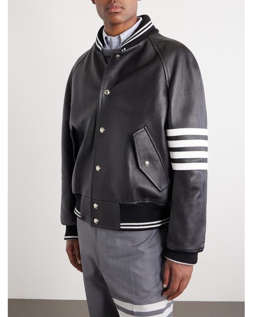 Thom Browne Black Oversized Striped Leather Bomber Jacket for men