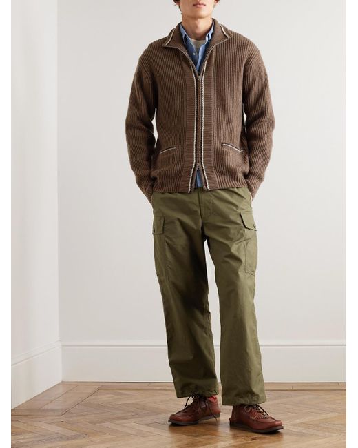 Beams Plus Brown Contrast-tipped Ribbed Wool-blend Cardigan for men