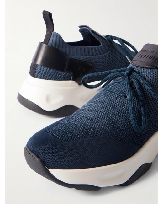 Berluti Blue Shadow Scritto Venezia Leather-Trimmed Stretch-Knit Sneakers for men