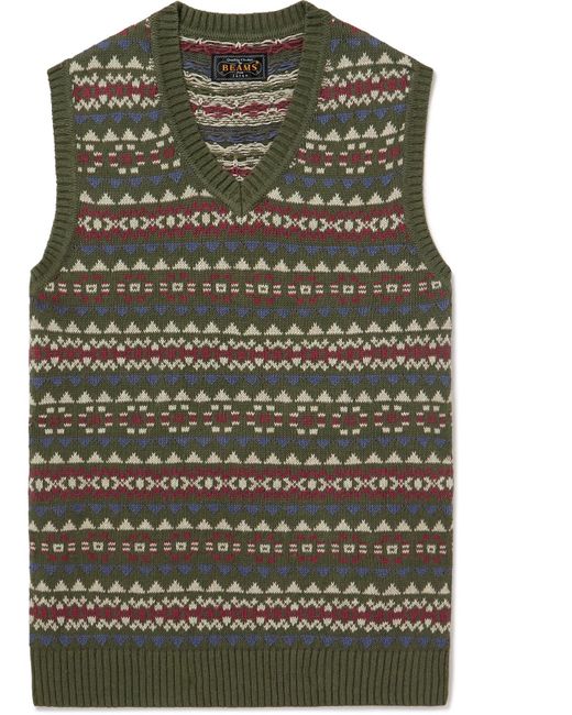 Beams Plus Gray Fair Isle Linen And Cotton-blend Sweater Vest for men