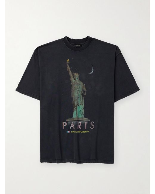Balenciaga Black Oversized Distressed Printed Cotton-Jersey T-Shirt for men