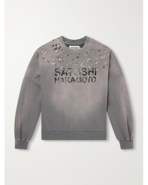 Satoshi Nakamoto Gray Crystal Castle Logo-printed Embellished Distressed Cotton Sweatshirt for men