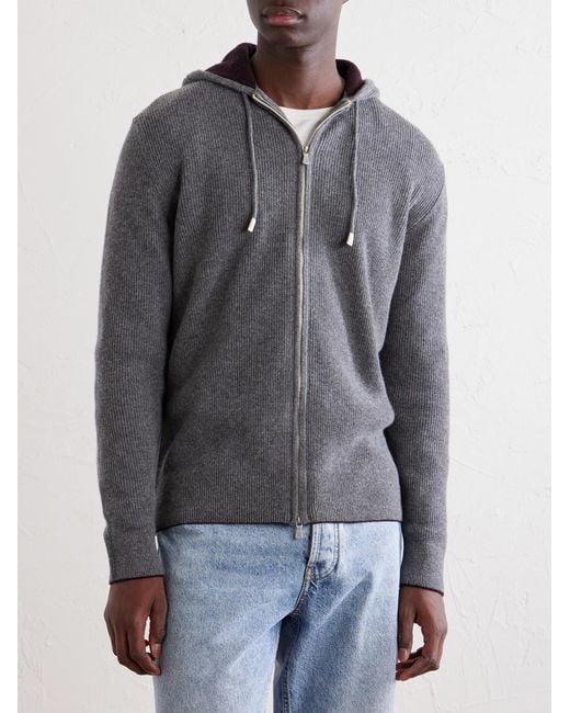Eleventy Gray Ribbed Cashmere Zip-Up Hoodie for men