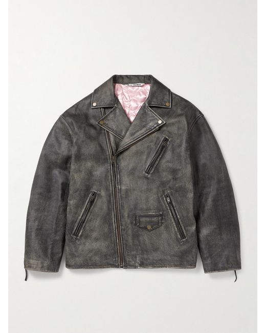 Acne Gray Logo-Embossed Leather Biker Jacket for men
