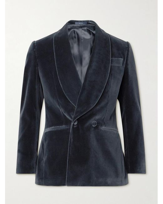 Thom Sweeney Blue Shawl-Lapel Double-Breasted Cotton-Velvet Tuxedo Jacket for men