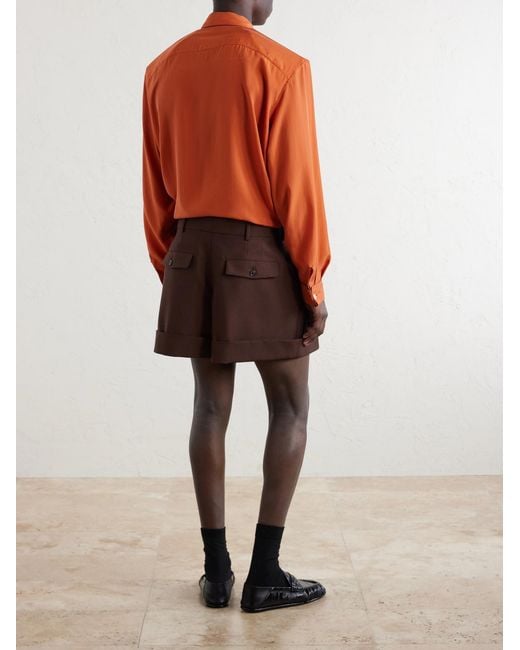Saint Laurent Brown Straight-leg Pleated Wool And Mohair-blend Shorts for men