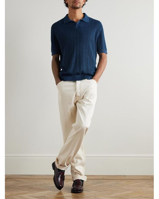 Polo Ralph Lauren Blue Open-Collar Ribbed Linen Polo Shirt for men