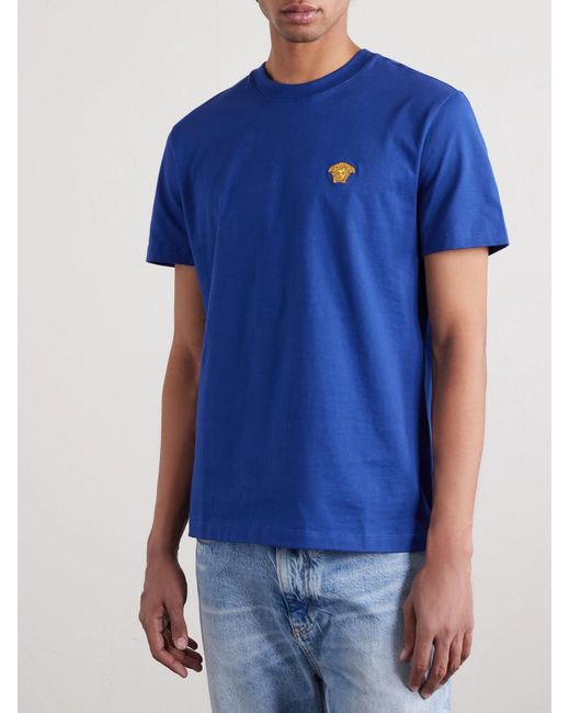 Versace Blue Logo-Embroidered Cotton-Jersey T-Shirt for men