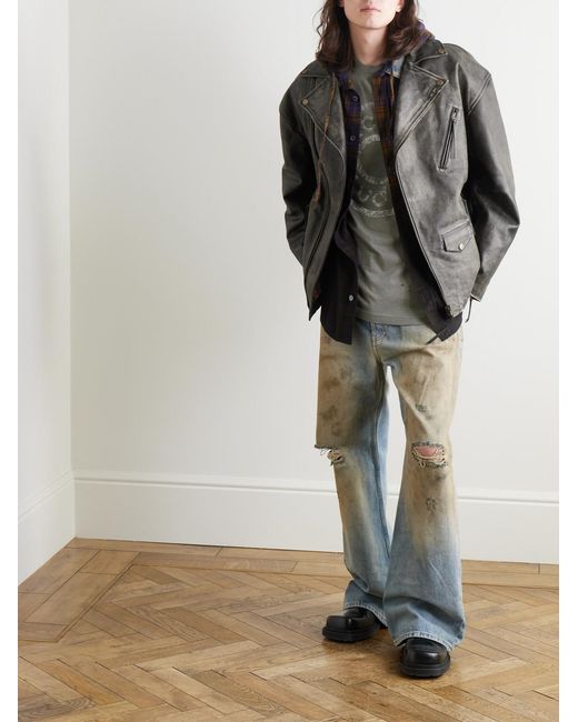 Acne Gray Logo-Embossed Leather Biker Jacket for men