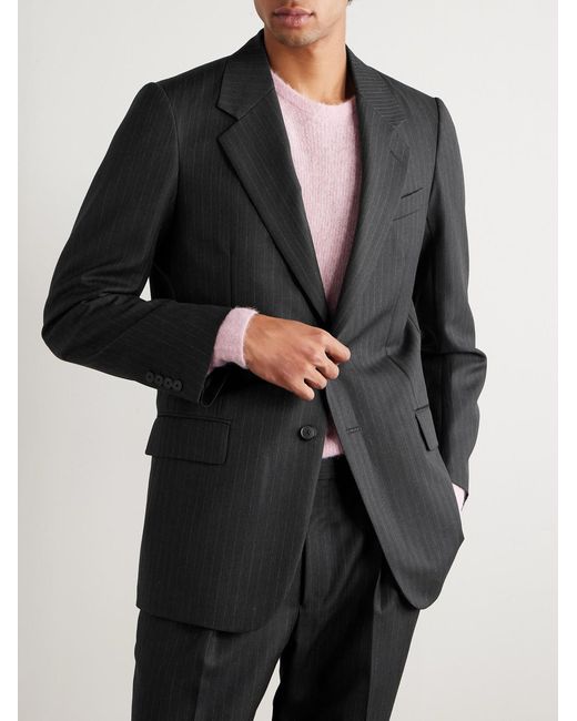 Auralee Black Pinstriped Wool Suit Jacket for men