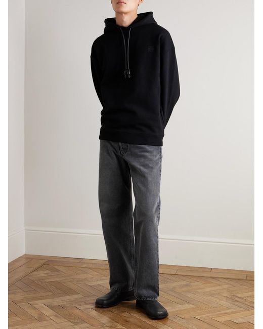 Loewe Black Logo-Embroidered Leather-Trimmed Cotton-Jersey Hoodie for men