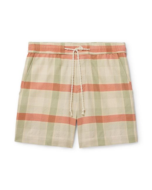 The Elder Statesman Natural Straight-Leg Checked Cashmere And Wool-Blend Drawstring Shorts for men