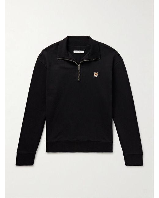 Felpa in jersey di cotone con logo applicato e mezza zip di Maison Kitsuné in Black da Uomo