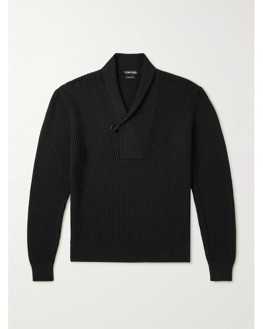 Tom Ford Black Slim-Fit Shawl-Collar Ribbed Merino Wool-Blend Half-Placket Sweater for men