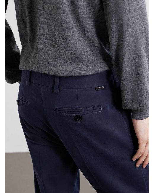 Tom Ford Blue Tapered Cotton-blend Twill Trousers for men