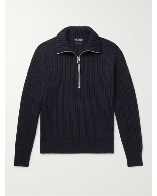 Tom Ford Blue Slim-fit Ribbed Cashmere And Wool-blend Half-zip Sweater for men