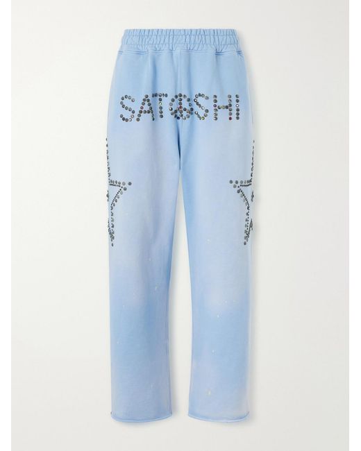 Satoshi Nakamoto Blue Straight-Leg Studded Cotton-Jersey Sweatpants for men