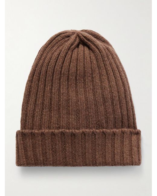 Thom Sweeney Brown Ribbed Cashmere Beanie for men