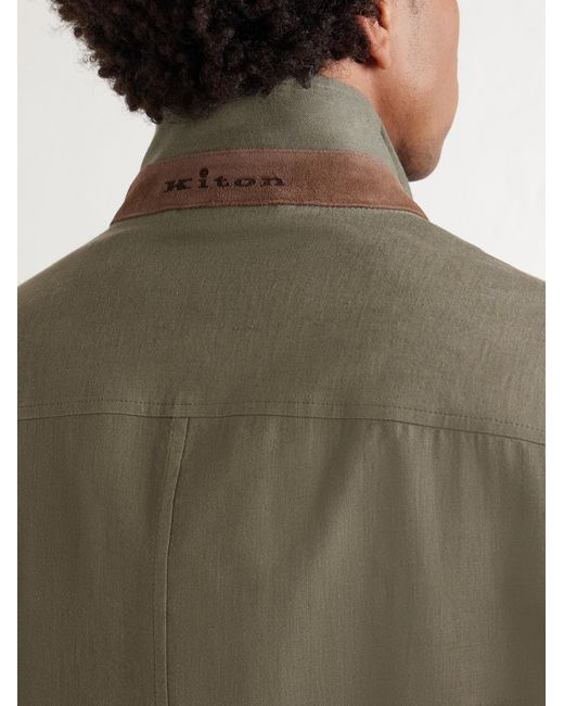 Kiton Green Suede-Trimmed Linen Field Jacket for men