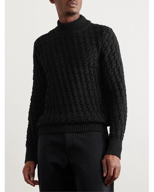 S.N.S Herning Black Stark Slim-Fit Cable-Knit Merino Wool Sweater for men