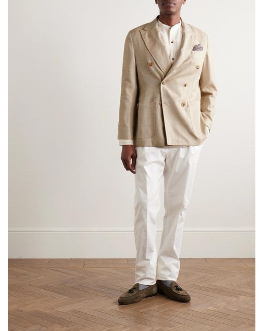 Rubinacci Natural Unstructured Double-Breasted Herringbone Virgin Wool, Silk And Linen-Blend Blazer for men