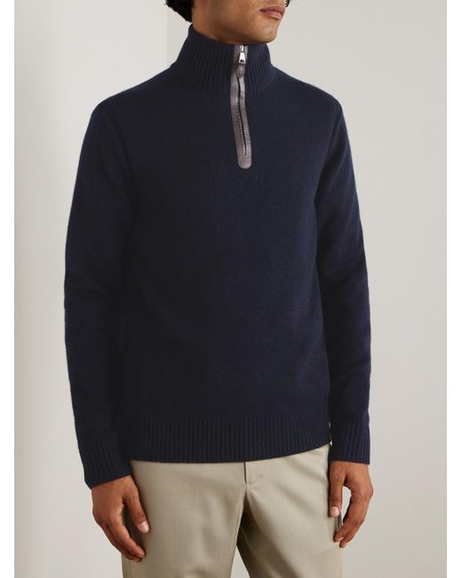 James Purdey & Sons Blue Leather-Trimmed Cashmere Half-Zip Sweater for men