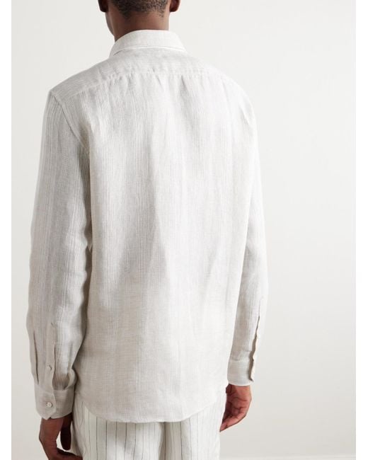 Brunello Cucinelli White Embroidered Striped Linen Shirt for men