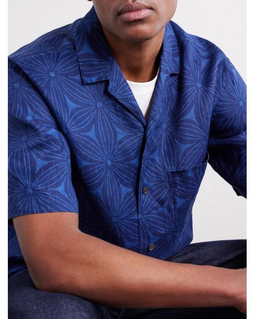 Blue Blue Japan Blue Sakura Camp-Collar-Dyed Floral-Print Linen Shirt for men