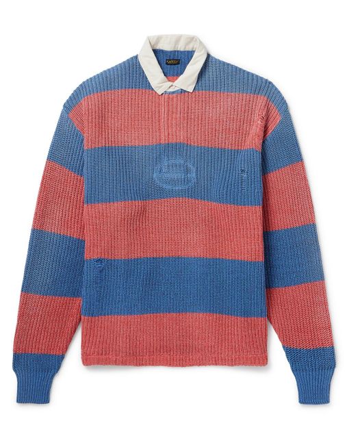 Kapital Blue Rugger Distressed Striped Ribbed Cotton-blend Polo Shirt for men