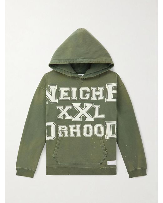 Neighborhood Green Savage Logo-print Distressed Cotton-jersey Hoodie for men