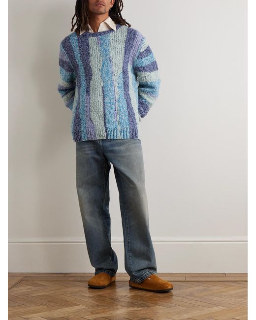The Elder Statesman Blue Striped Crocheted Organic Cotton Sweater for men