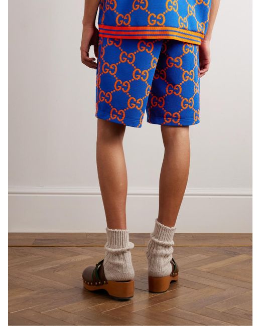 Gucci Blue Monogram-print Striped-trim Stretch-woven Blend Shorts for men
