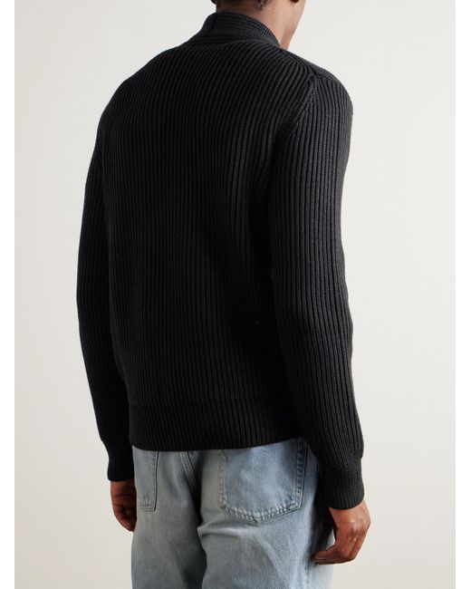 Tom Ford Black Shawl-Collar Double-Breasted Ribbed Wool And Silk-Blend Cardigan for men