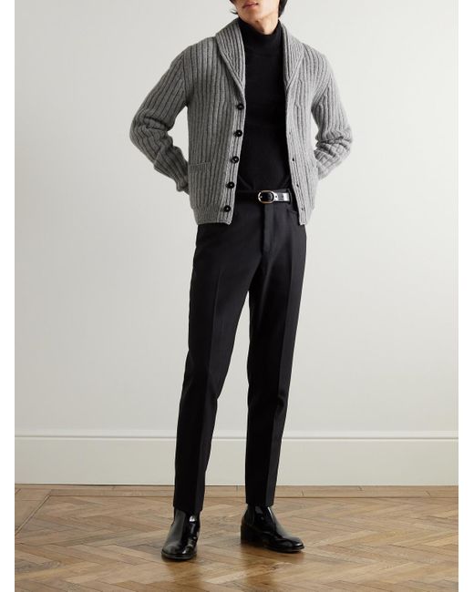 Tom Ford Gray Shawl-collar Ribbed Wool And Cashmere-blend Cardigan for men